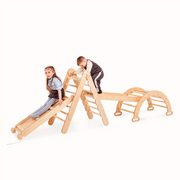 4-in-1 Montessori Climbing Set: Triangle Ladder + Climbing Arch + Slide Board + Net – Beige