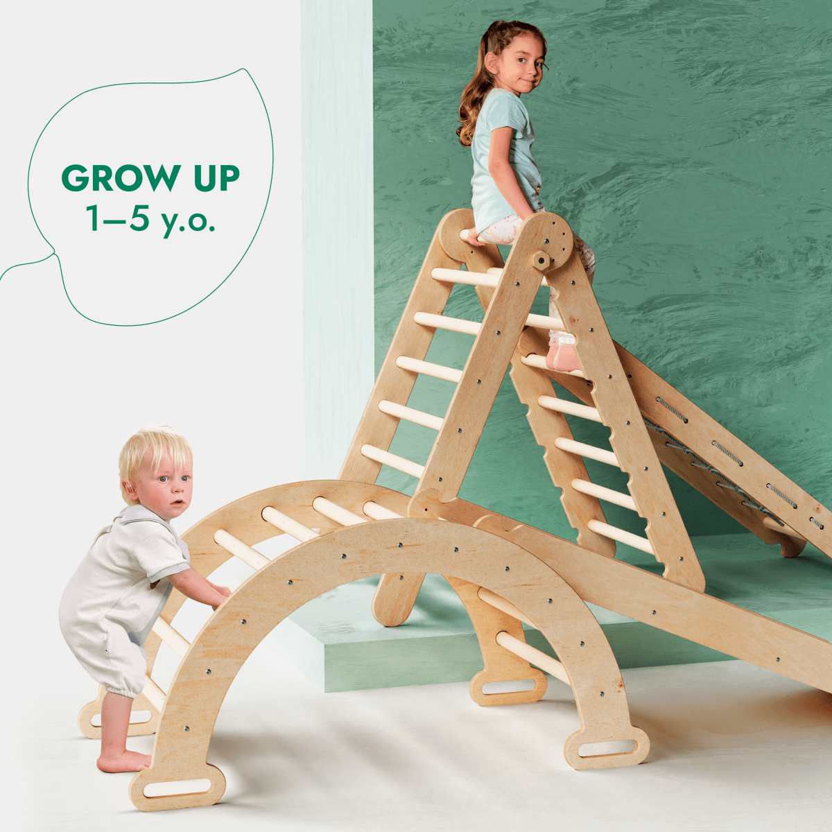 4-in-1 Montessori Climbing Set: Triangle Ladder + Climbing Arch + Slide Board + Net – Beige