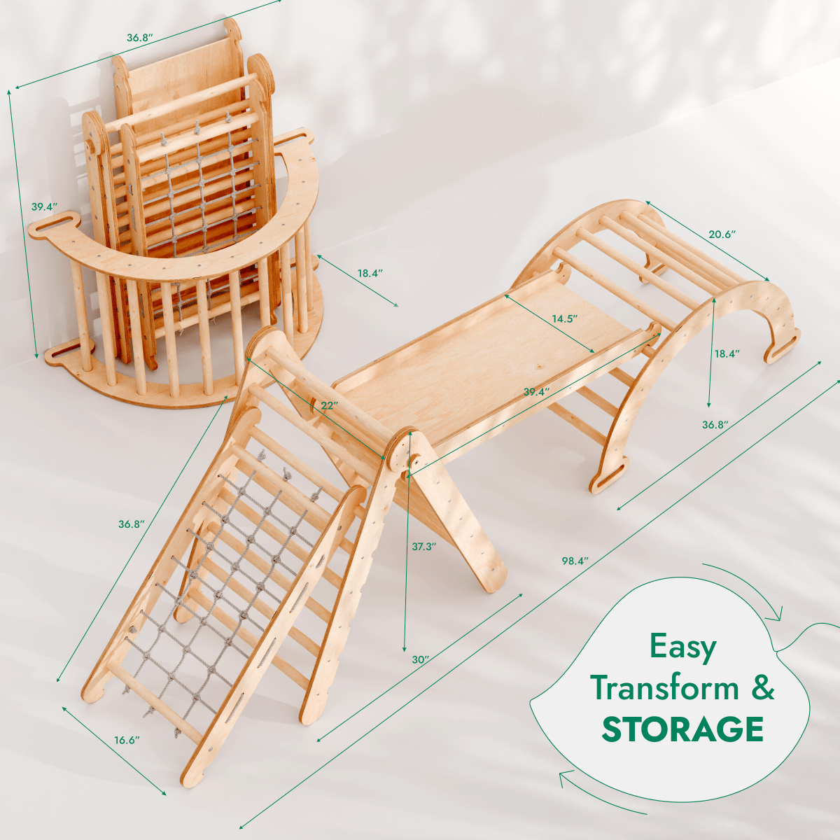 4-in-1 Montessori Climbing Set: Triangle Ladder + Climbing Arch + Slide Board + Net – Beige