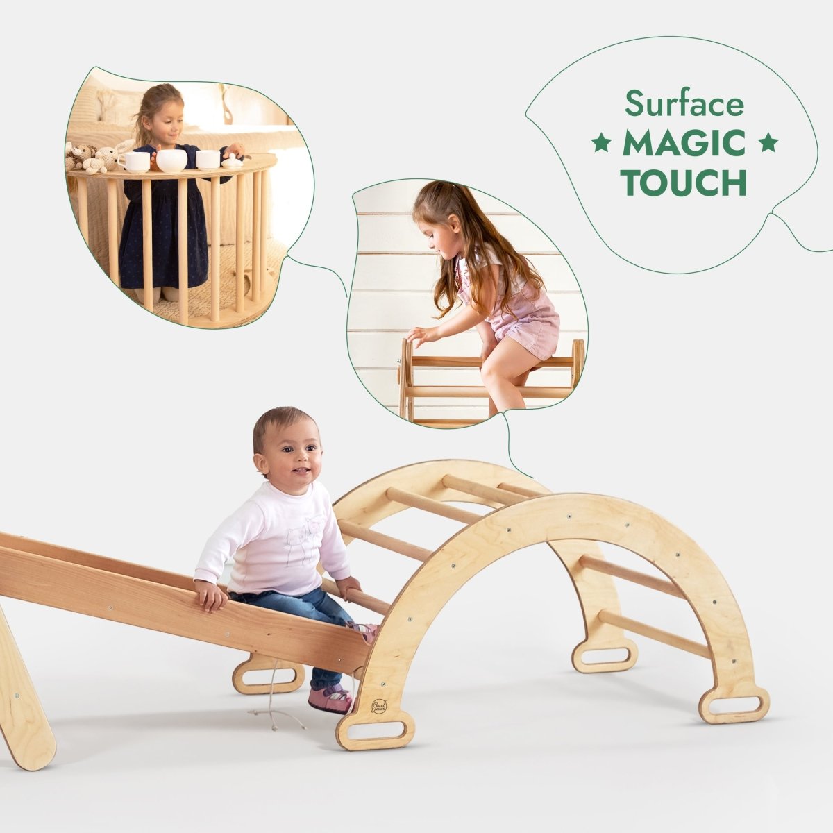 4-in-1 Montessori Climbing Set: Triangle Ladder + Climbing Arch + Slide Board + Net – Beige