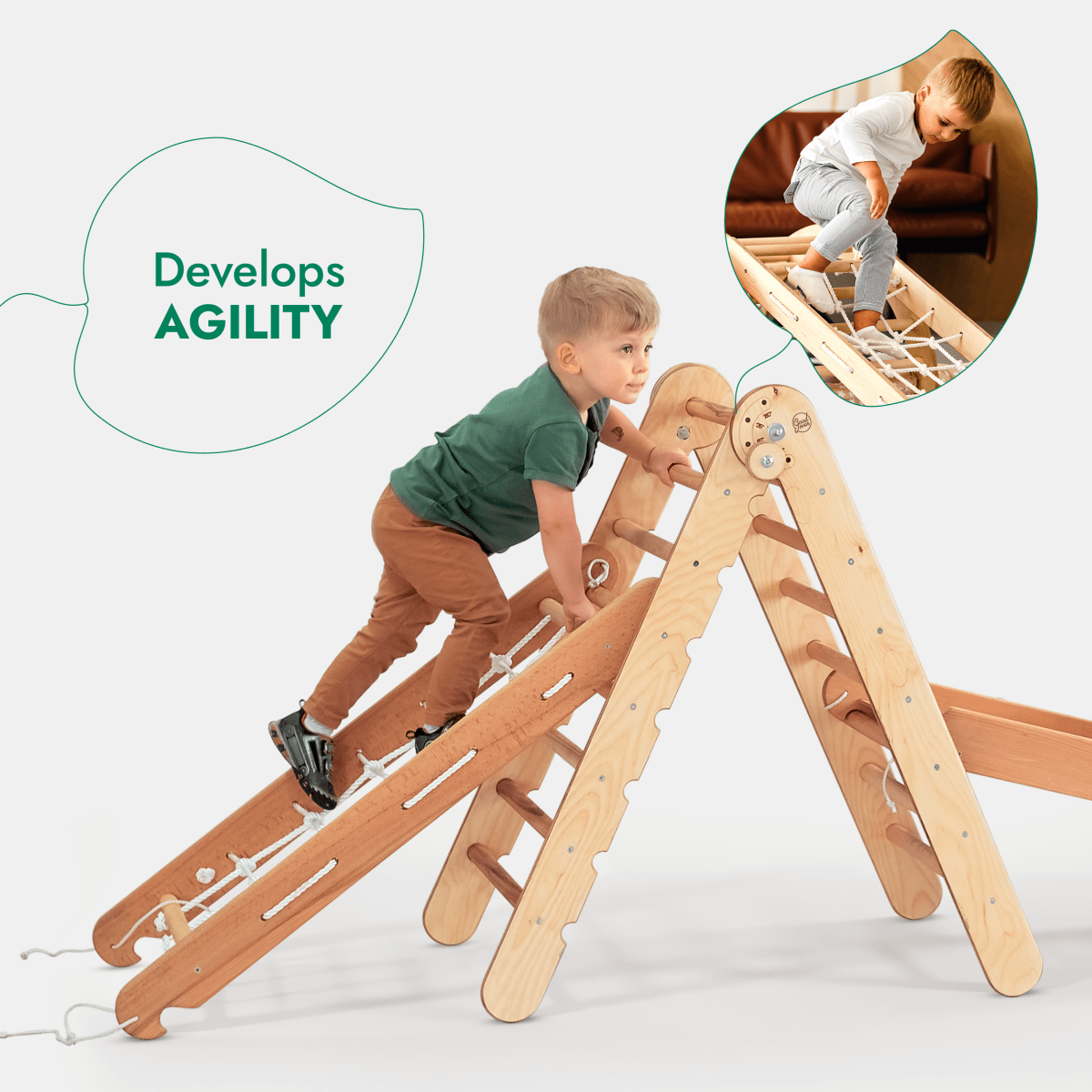 4-in-1 Montessori Climbing Set: Triangle Ladder + Climbing Arch + Slide Board + Net – Beige