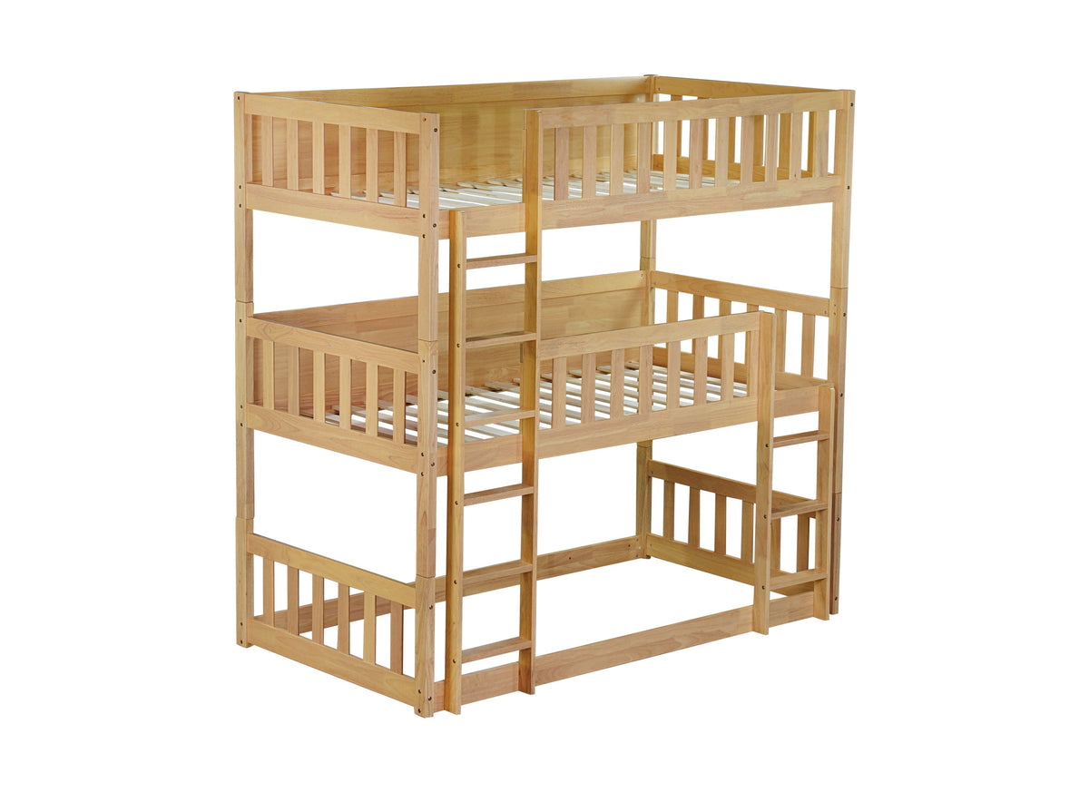 Twin Size Triple Rubber Wood Bunk Bed, with Ladders, Guardrails, Twin over Twin, Natural