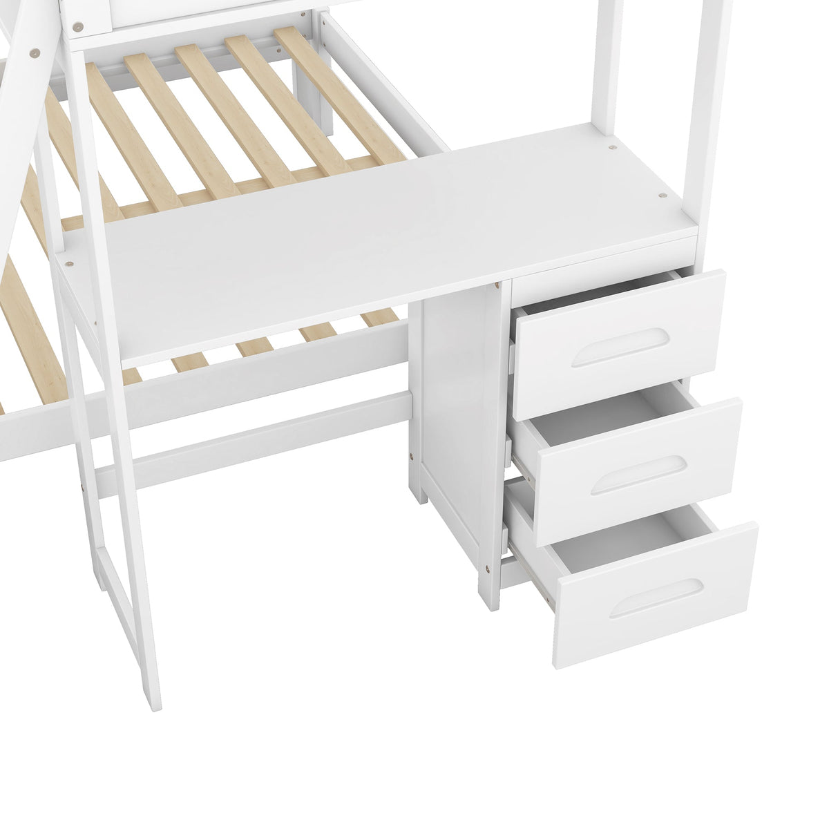 Twin-Over-Full Bunk Bed with Built-in Desk and Three Drawers, White