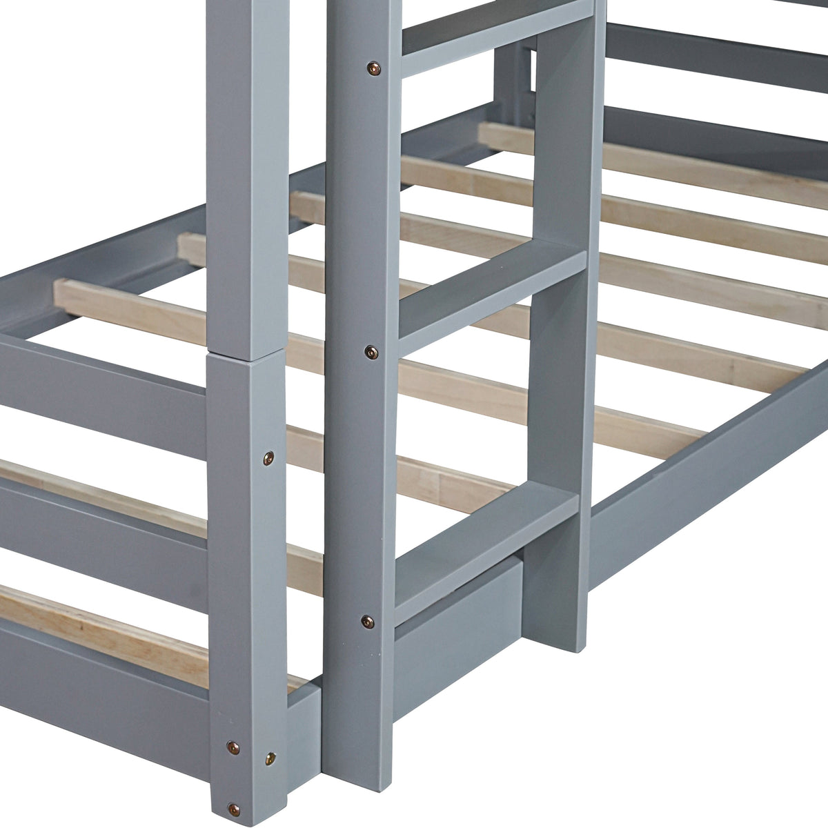 Triple Rubber Wood Bunk Bed with Two Built-in Ladders, Guardrails, Detachable Triple Twin Bunk Bed, Grey