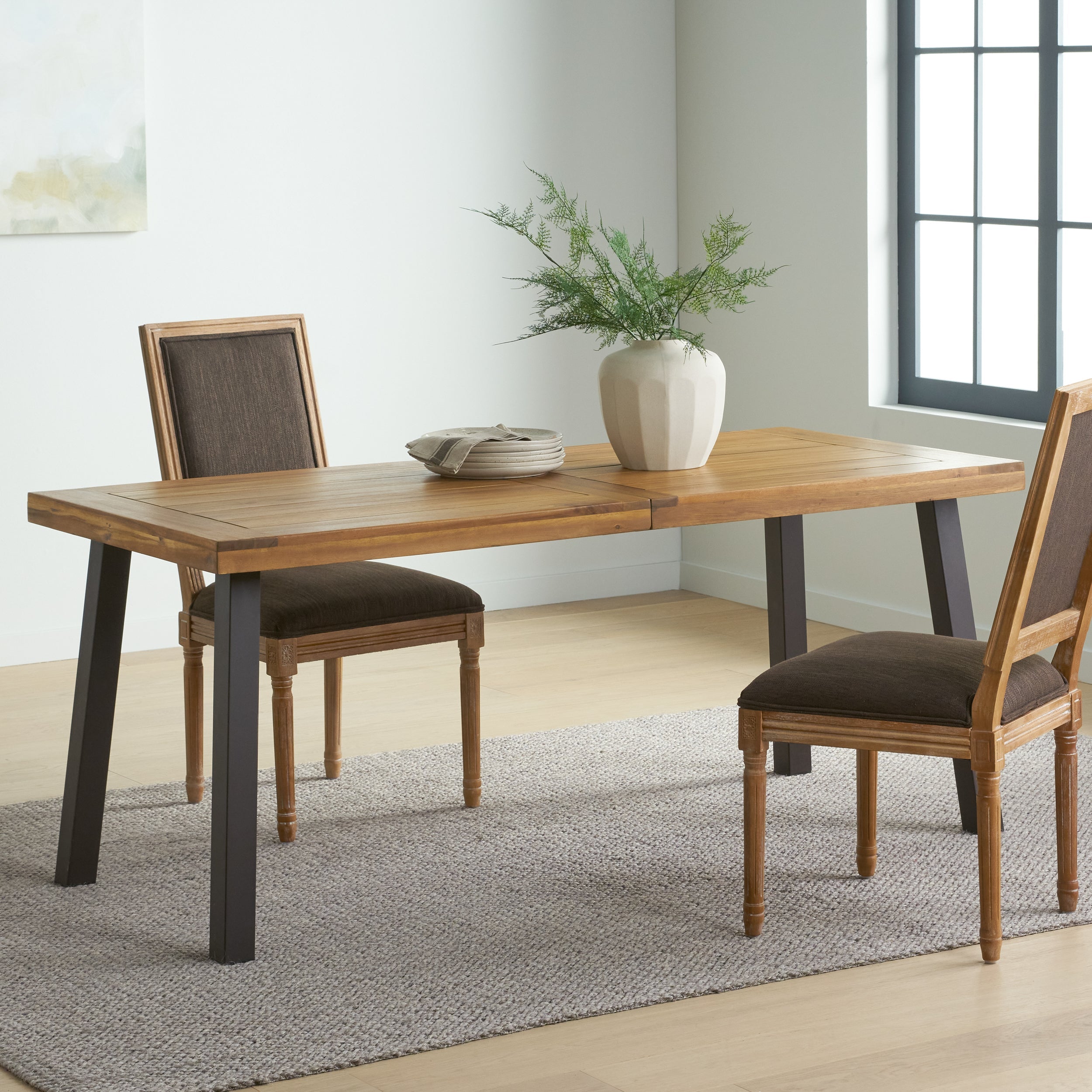 Della Acacia Wood Dining Table with Rustic Metal, Brown, Grey
