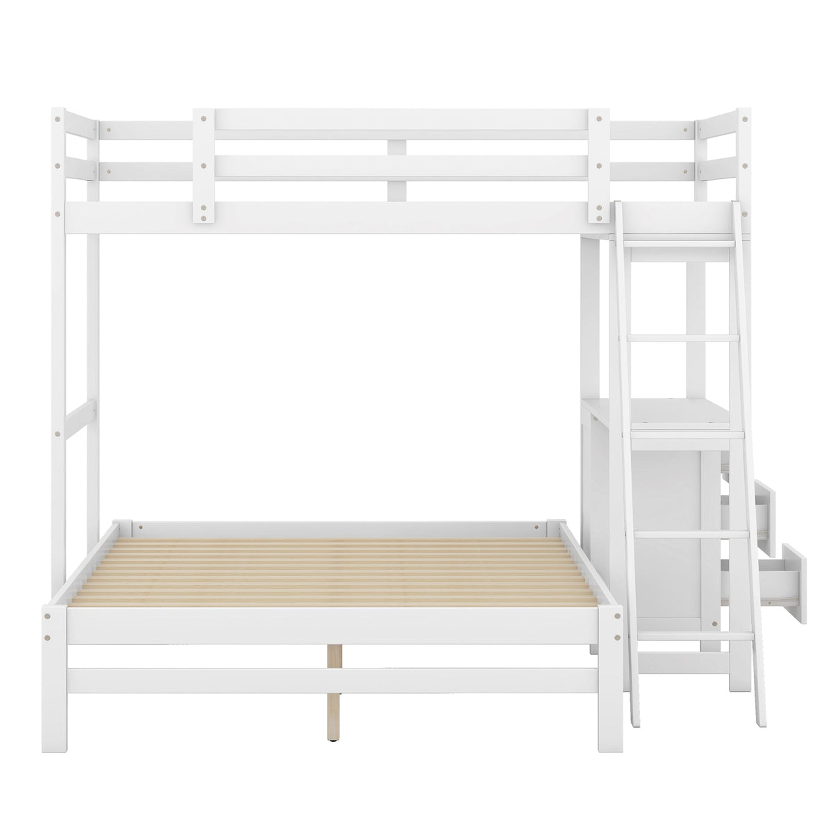 Twin-Over-Full Bunk Bed with Built-in Desk and Three Drawers, White