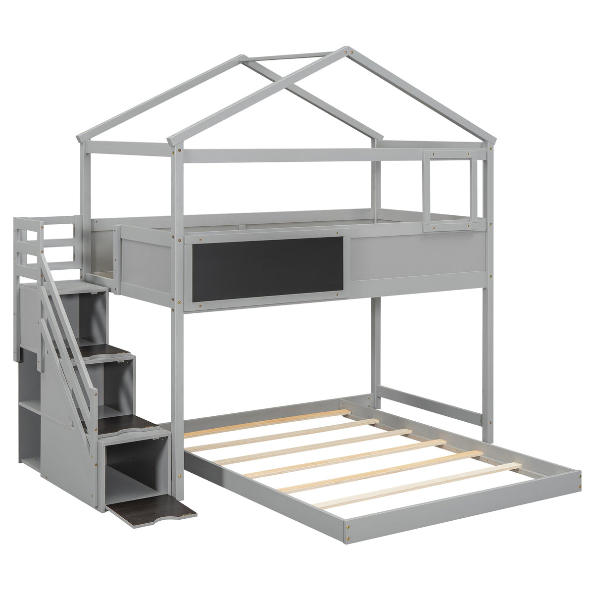 Twin-Over-Full House Bunk Bed with Storage Staircase and Blackboard, Gray