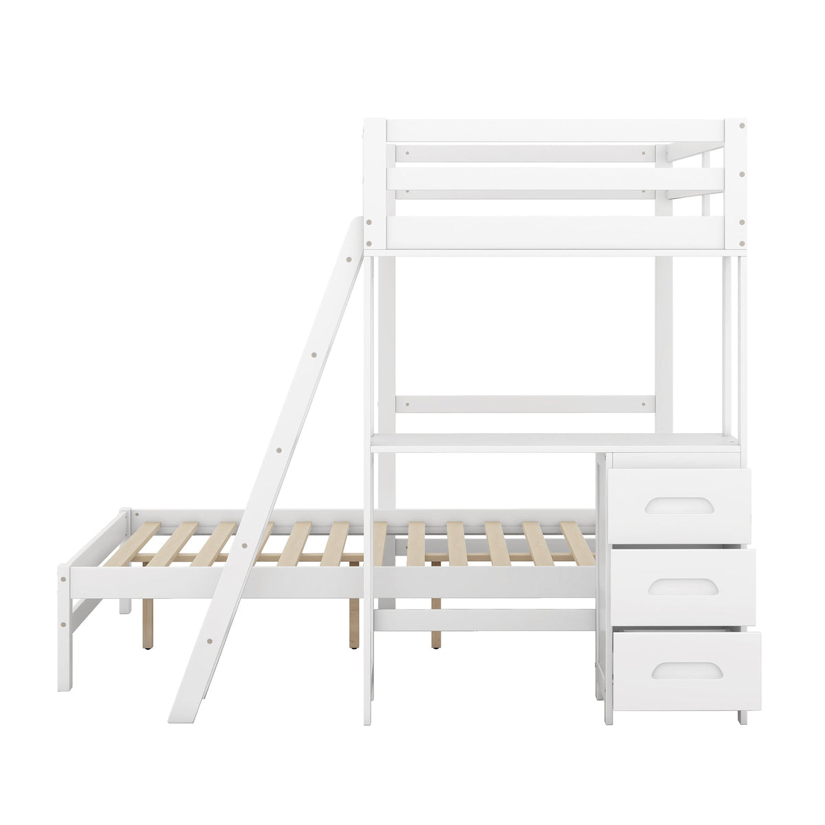 Twin-Over-Full Bunk Bed with Built-in Desk and Three Drawers, White