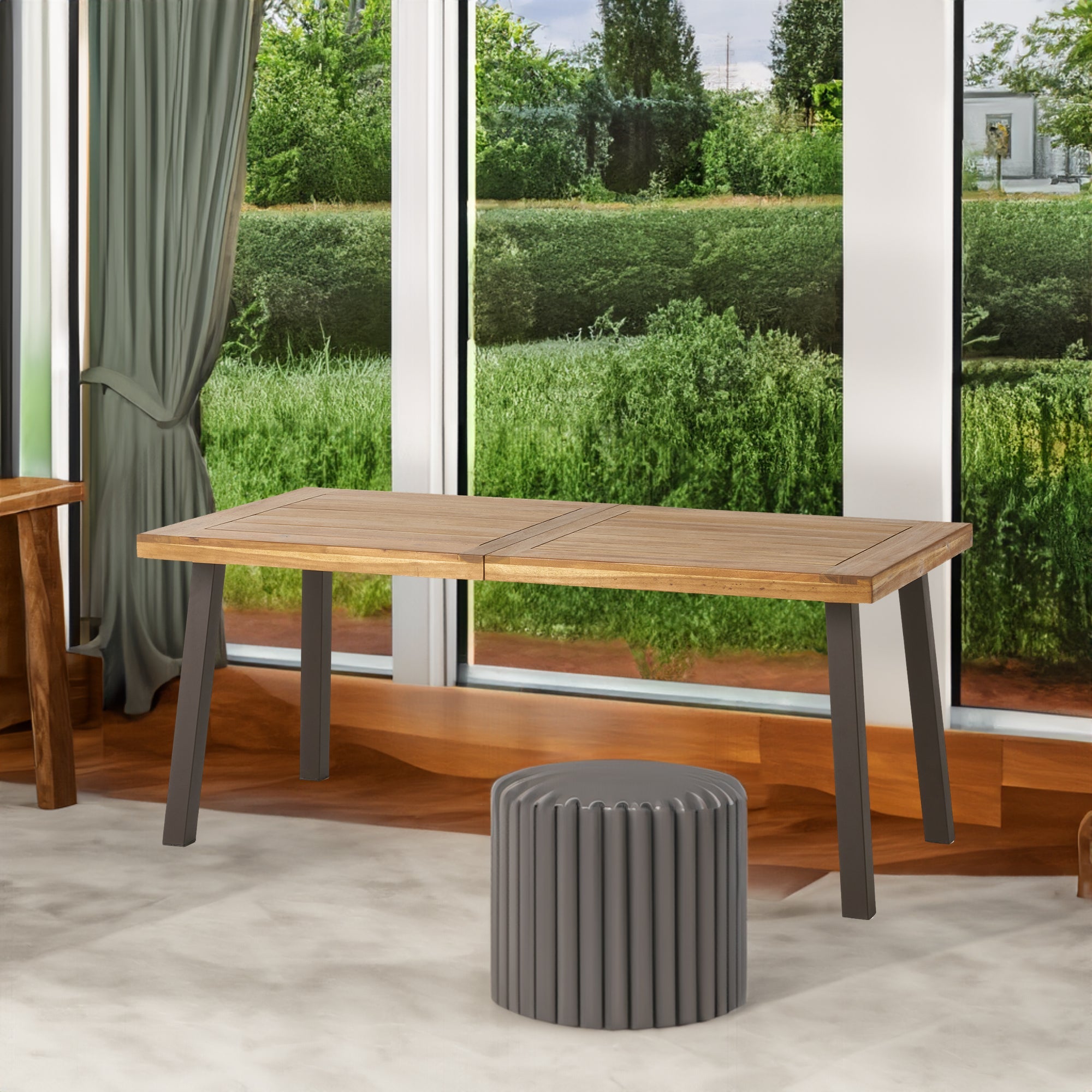 Della Acacia Wood Dining Table with Rustic Metal, Brown, Grey