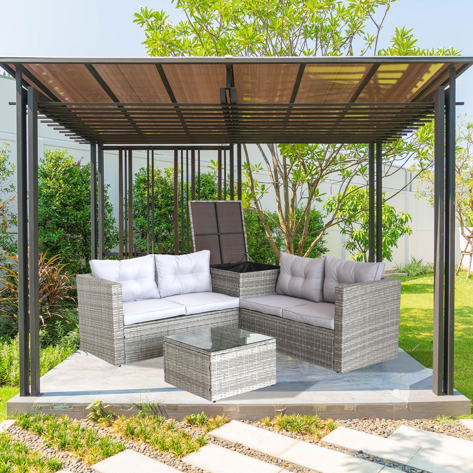 4 Piece Patio Sectional Sofa Set with Storage Box - Grey