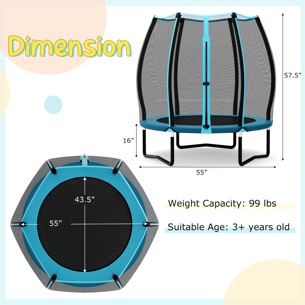55 Inch Trampoline for Kids Toddler Mini Trampoline with Safety Enclosure Net-Blue