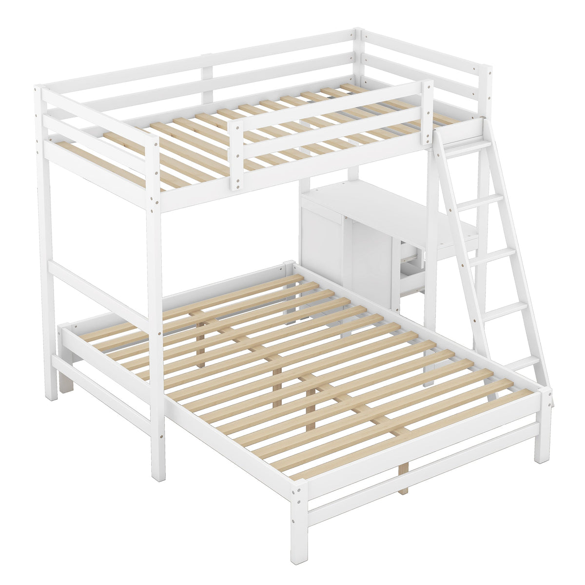 Twin-Over-Full Bunk Bed with Built-in Desk and Three Drawers, White
