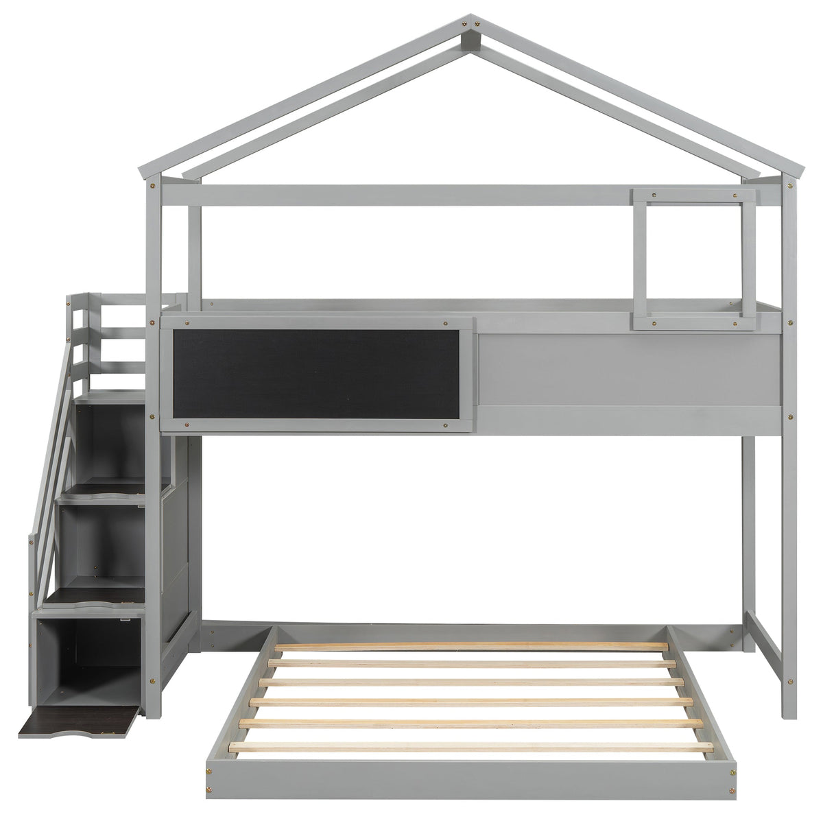 Twin-Over-Full House Bunk Bed with Storage Staircase and Blackboard, Gray