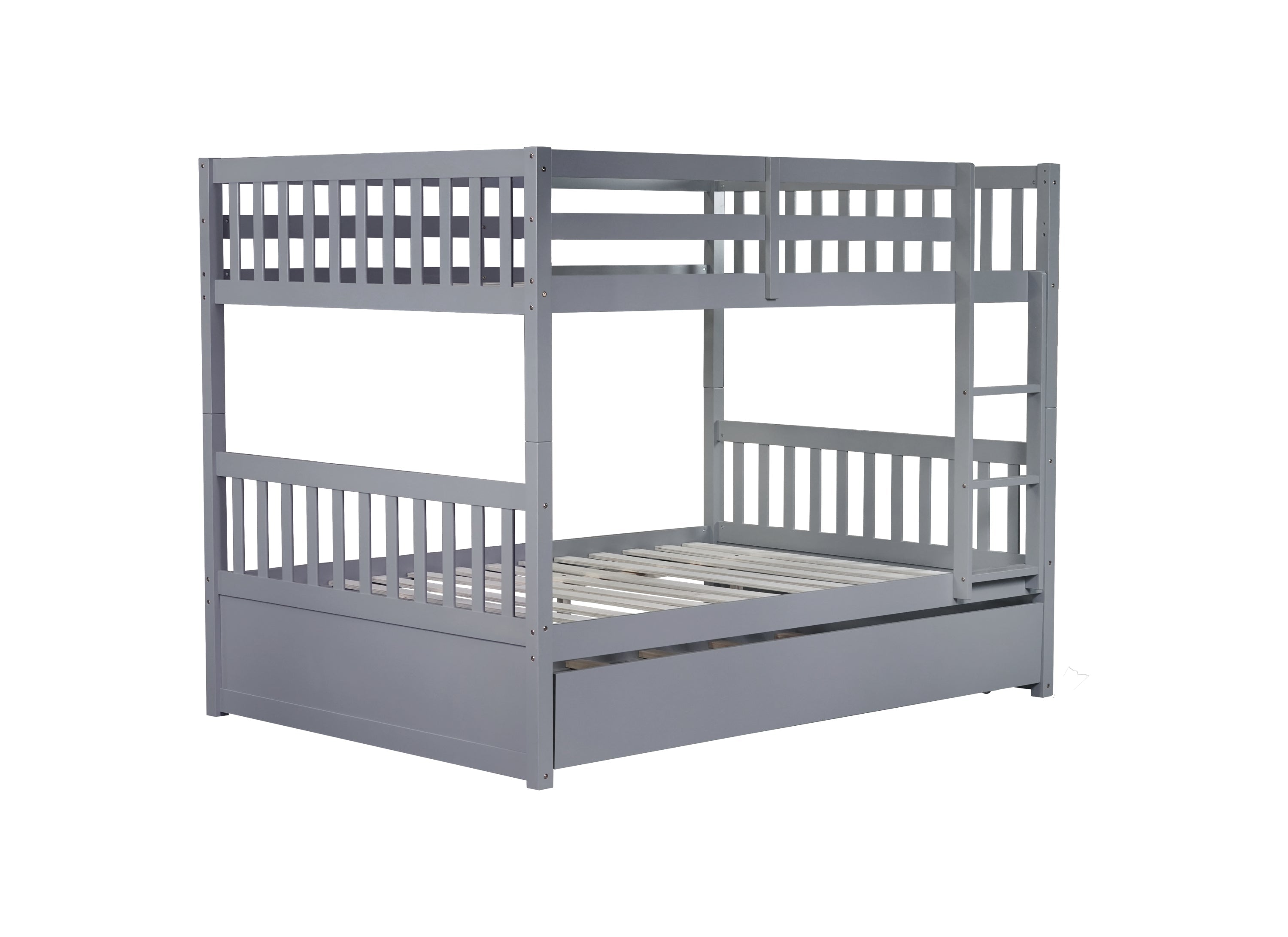 Rubber Wood Bunk Bed with Trundle, Ladder and Guardrails, Convertible to 2 Full Size Beds, Grey