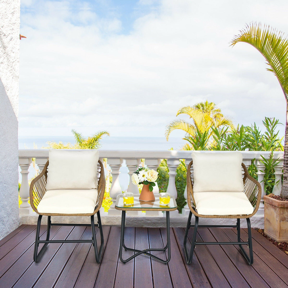 3-Piece Patio Bistro Set with 2 Rattan Chairs and Coffee Table - White
