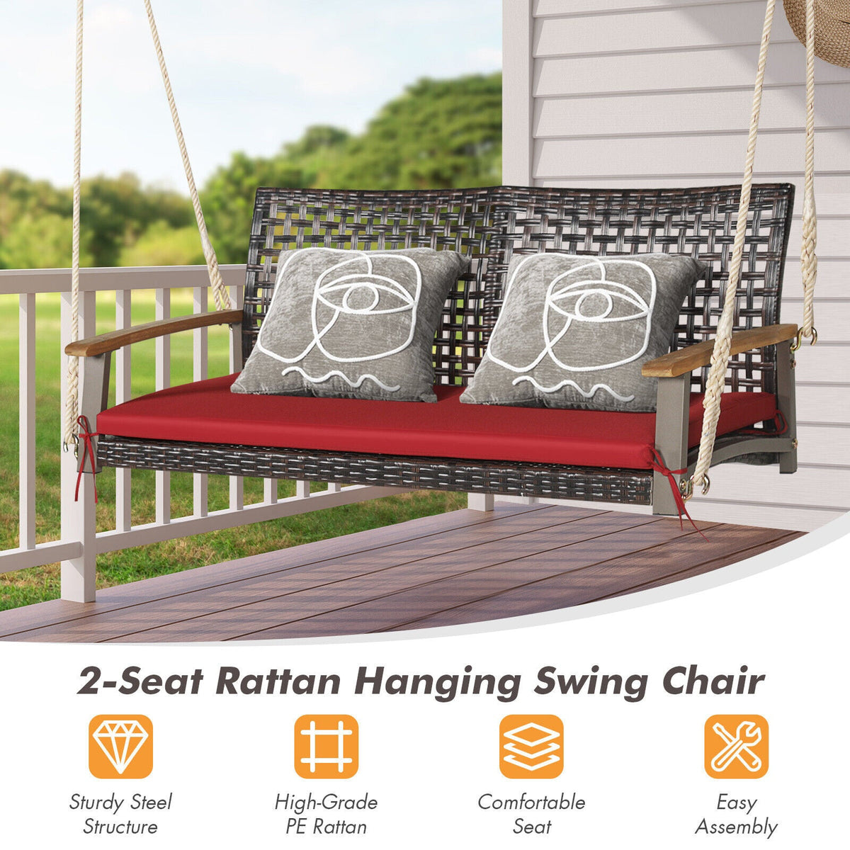 2-Person Rattan Hanging Porch Swing Chair - Red