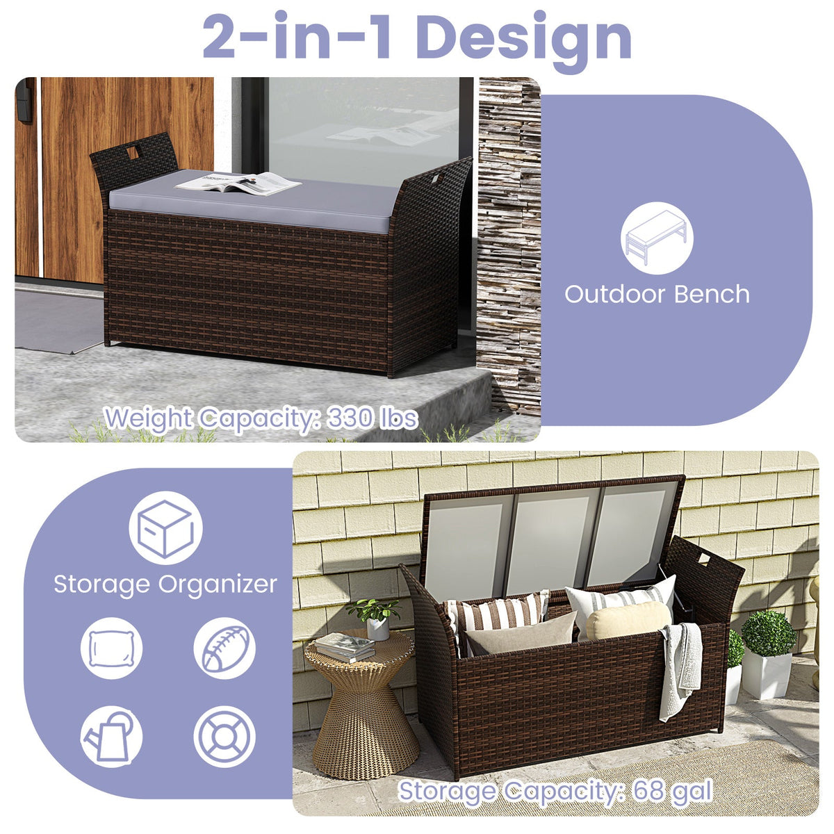 Outdoor Bench with Hand-woven PE Rattan Wicker - Gray