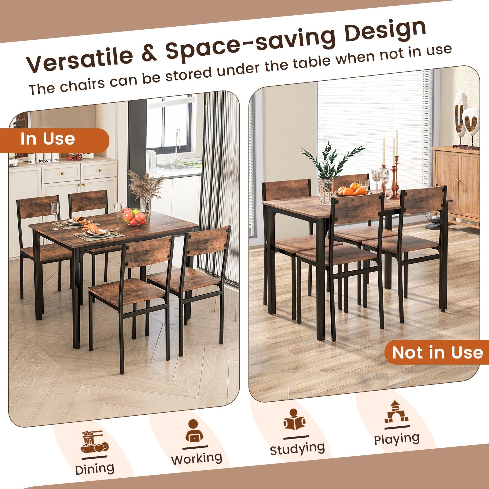 5 Piece Dining Table Set Industrial Style for 4 - Rustic Brown