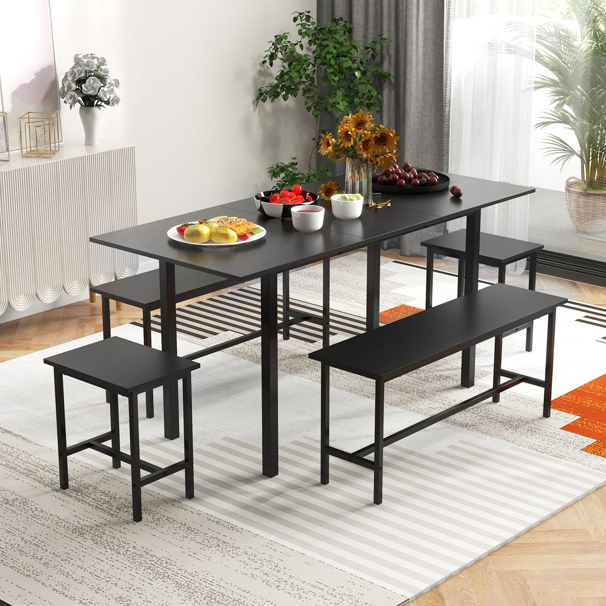 5 Piece Dining Table Set for 4-6 with 2 Benches & 2 Stools - Black