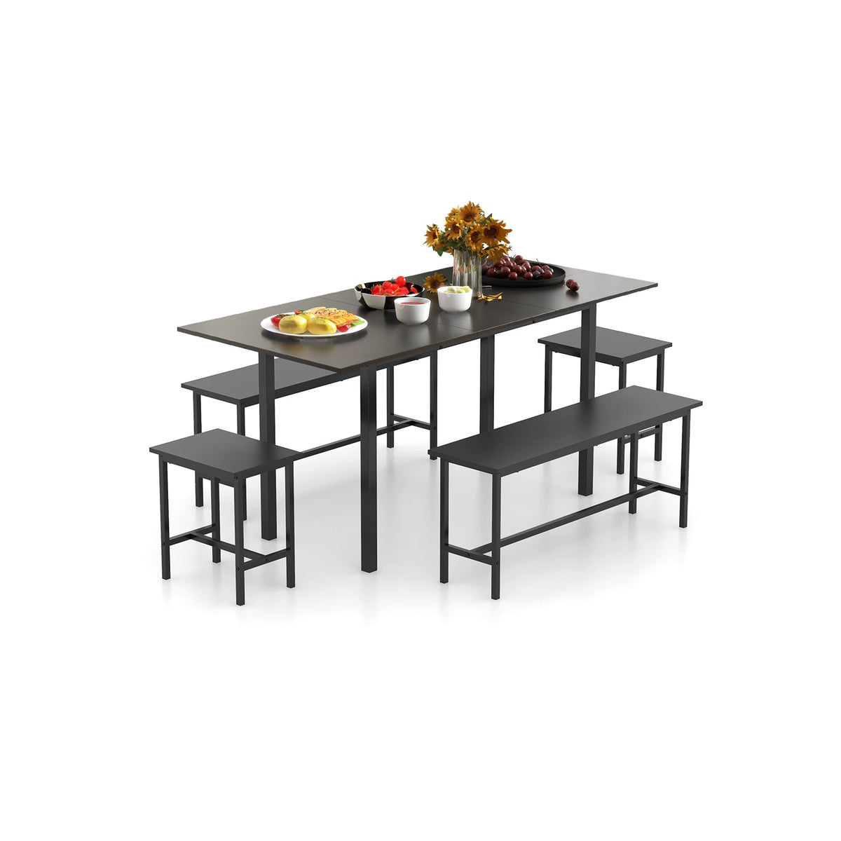 5 Piece Dining Table Set for 4-6 with 2 Benches & 2 Stools - Black