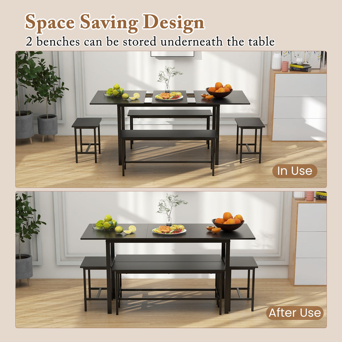 5 Piece Dining Table Set for 4-6 with 2 Benches & 2 Stools - Black
