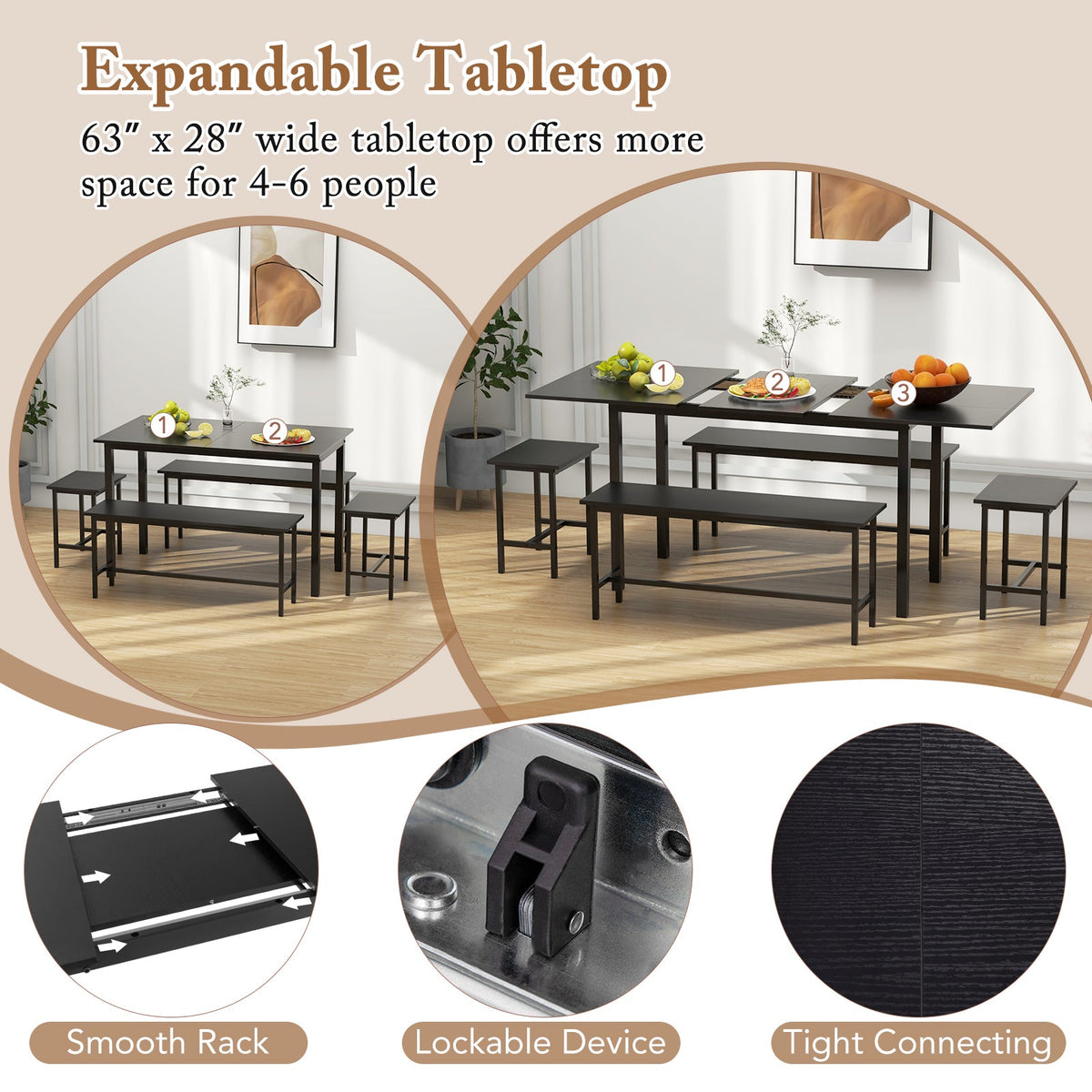 5 Piece Dining Table Set for 4-6 with 2 Benches & 2 Stools - Black