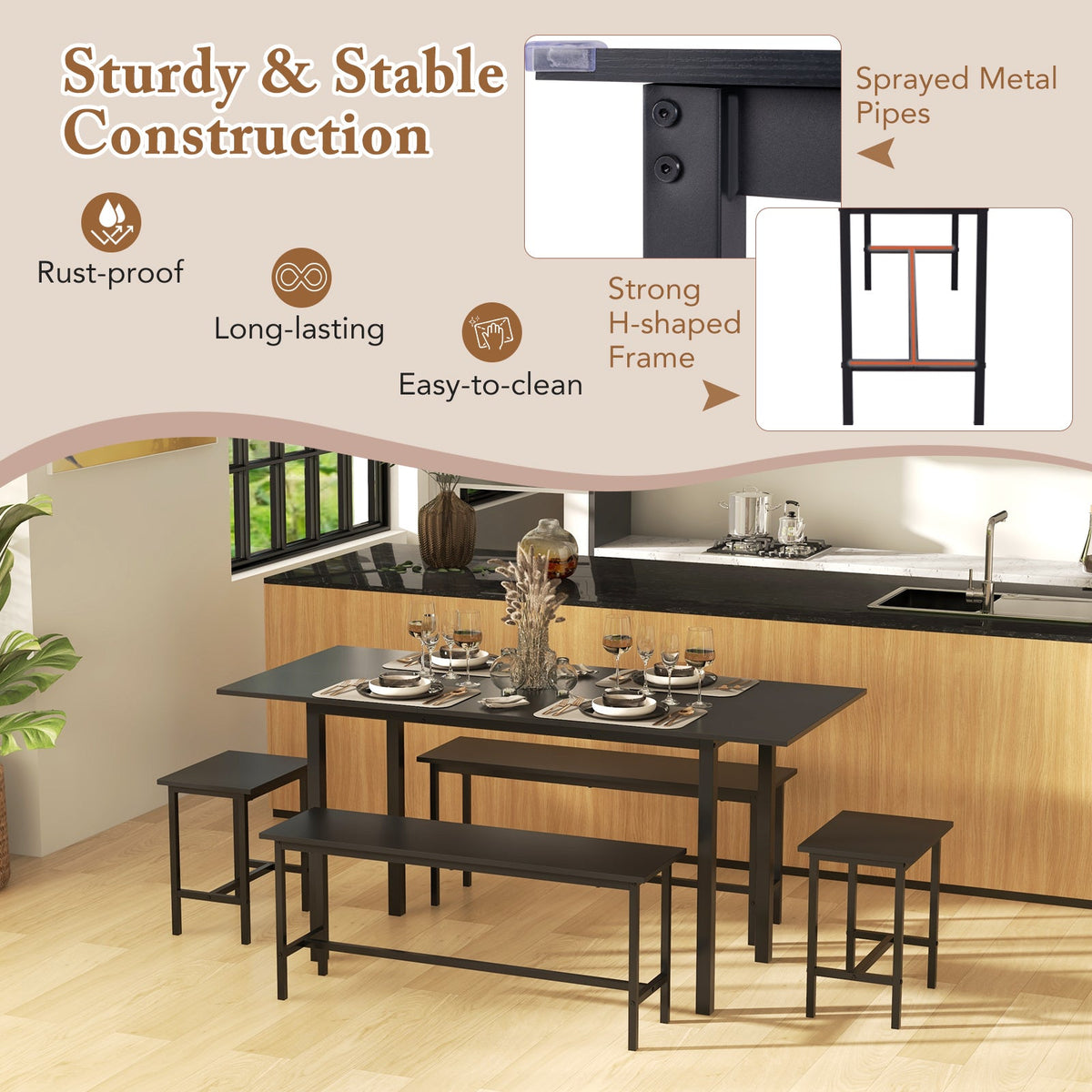 5 Piece Dining Table Set for 4-6 with 2 Benches & 2 Stools - Black