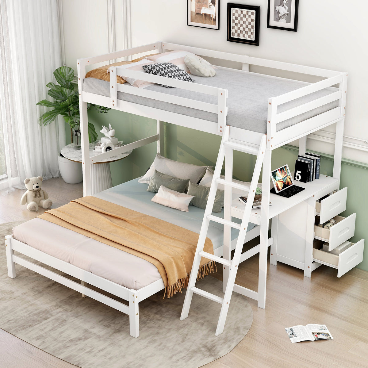 Twin-Over-Full Bunk Bed with Built-in Desk and Three Drawers, White