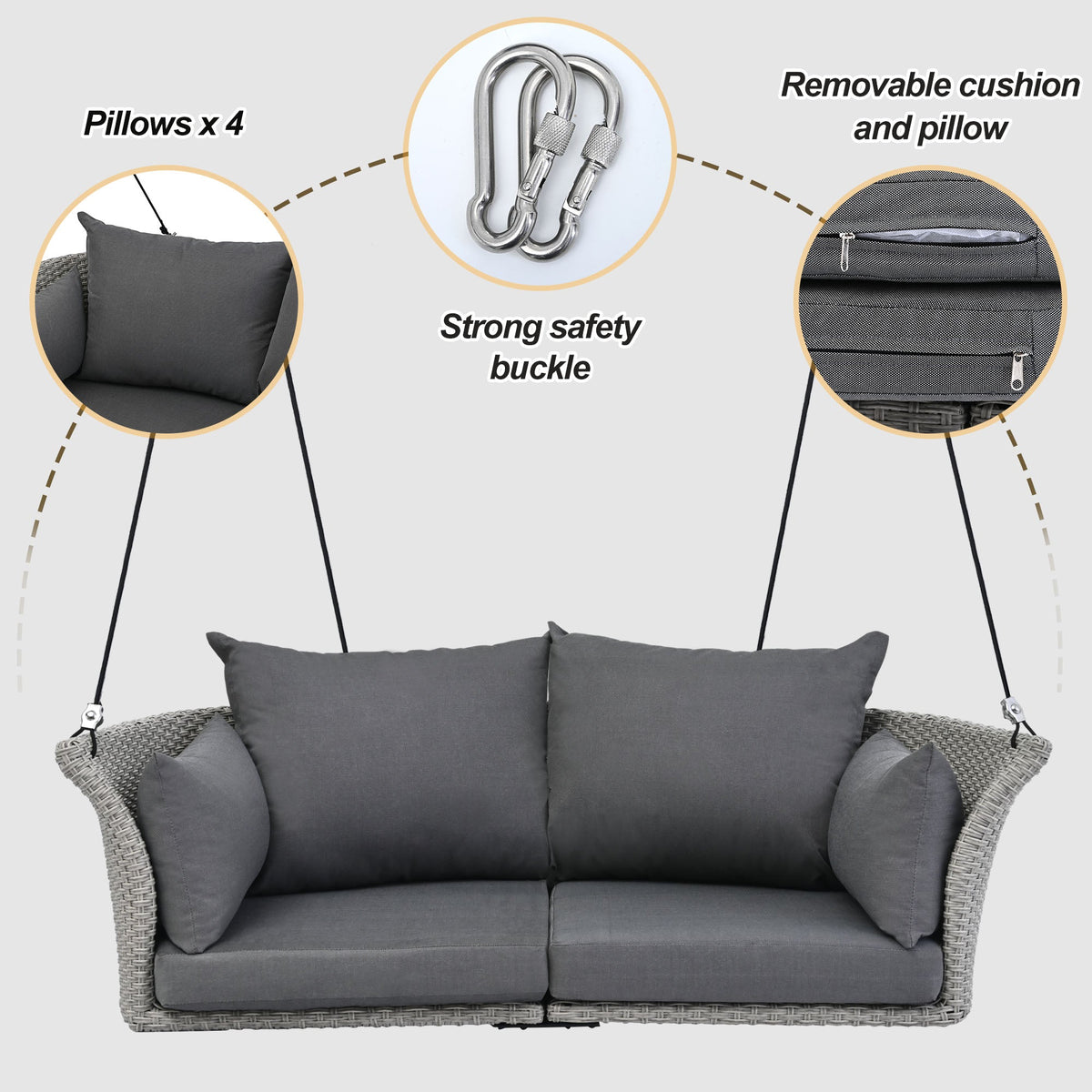 2-Person Rattan Woven Swing Chair, Gray Wicker And Cushion