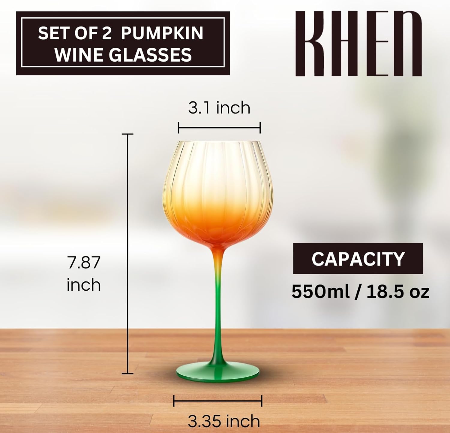 Khen Pumpkin Wine Glasses, Fall Inspired Stemware - Set of 2