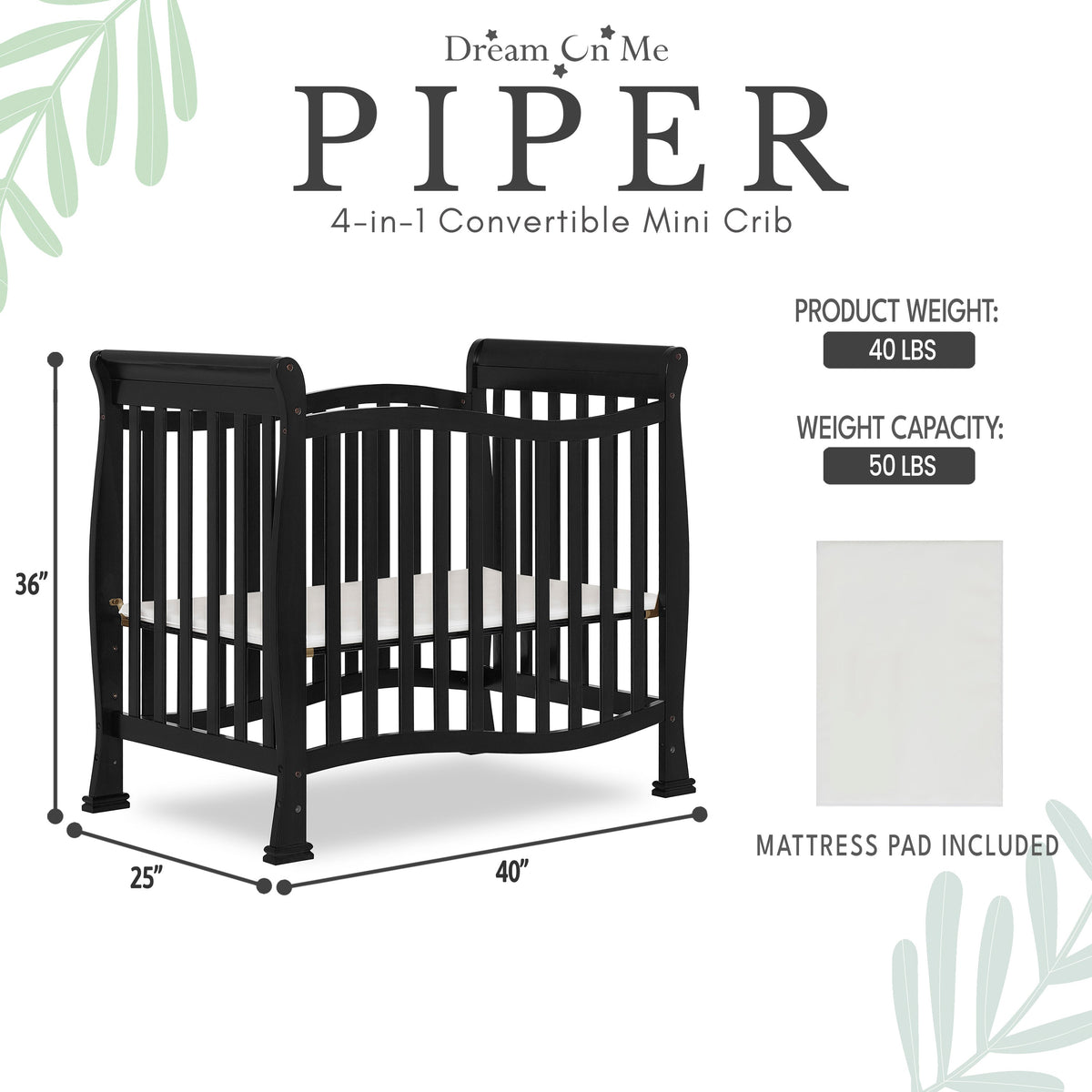 Dream On Me Piper 4-in-1 Convertible Mini Crib