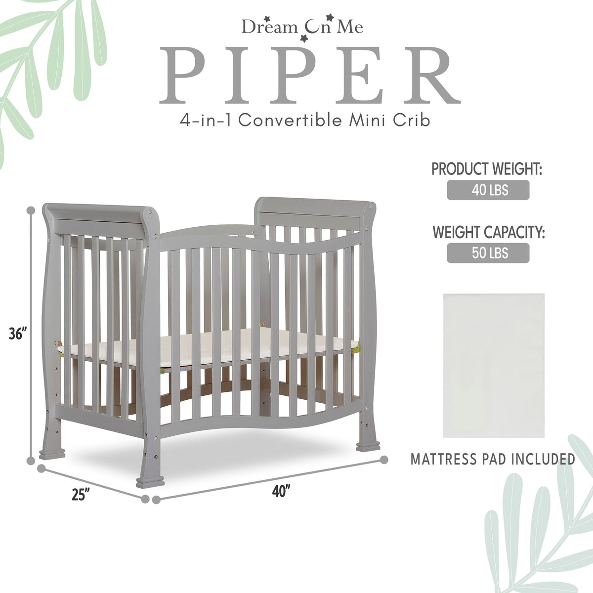 Dream On Me Piper 4-in-1 Convertible Mini Crib