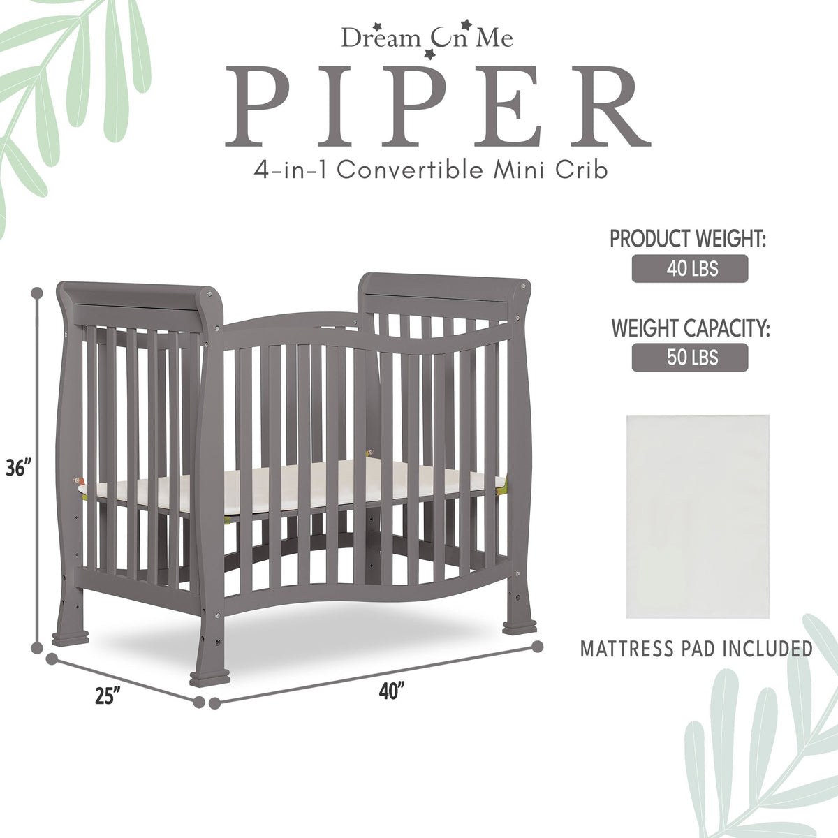 Dream On Me Piper 4-in-1 Convertible Mini Crib