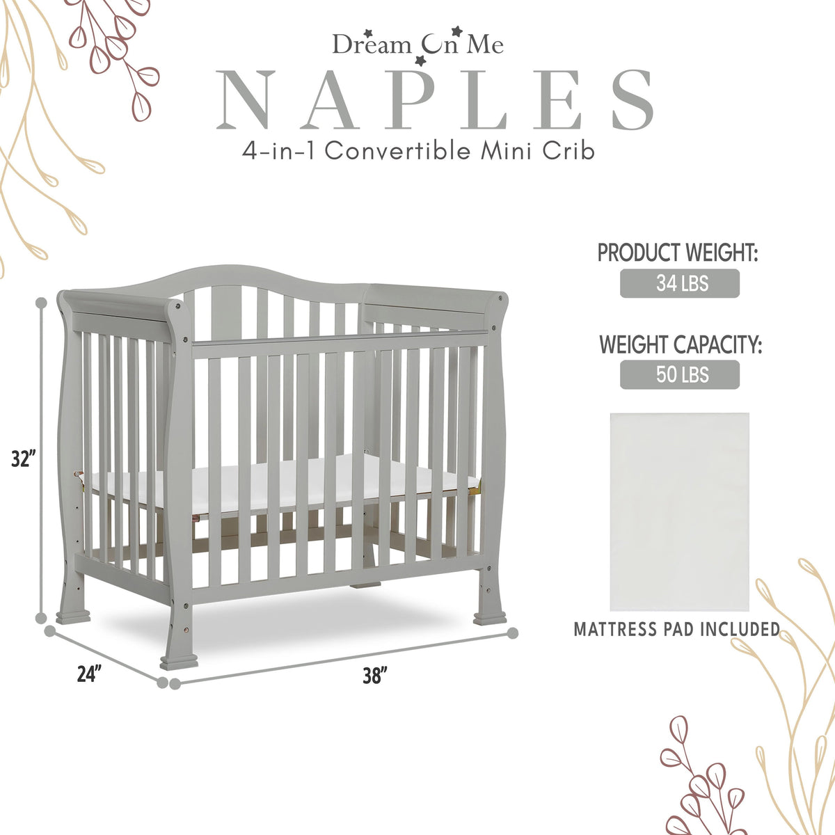 Dream On Me Naples 4-in-1 Convertible Mini Crib