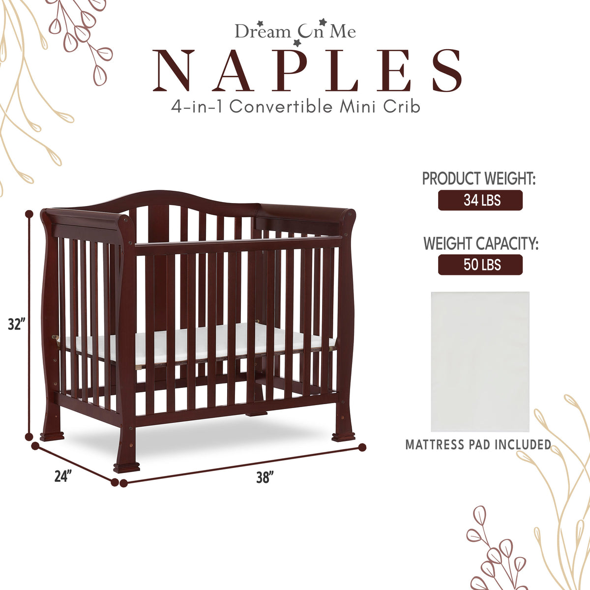Dream On Me Naples 4-in-1 Convertible Mini Crib