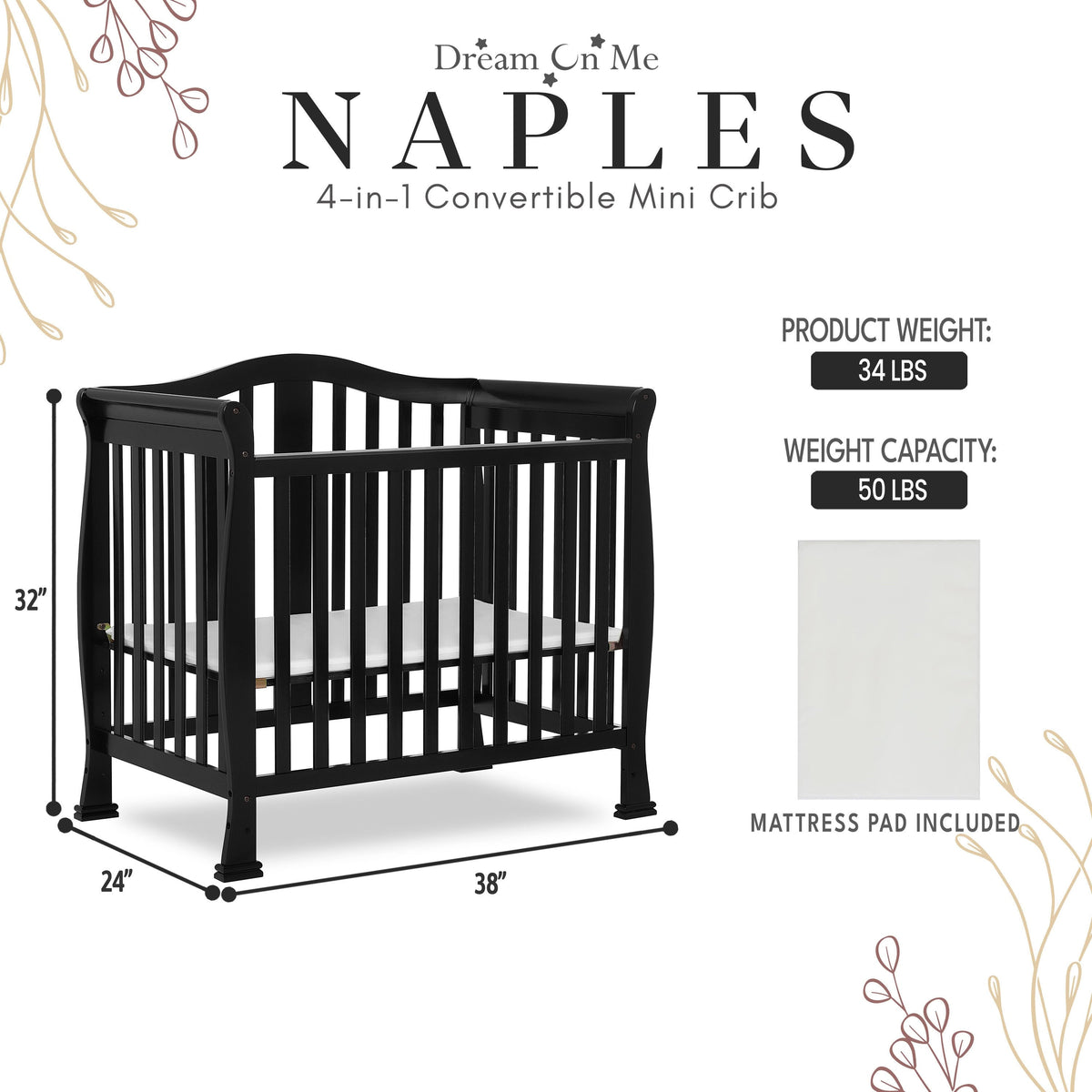 Dream On Me Naples 4-in-1 Convertible Mini Crib