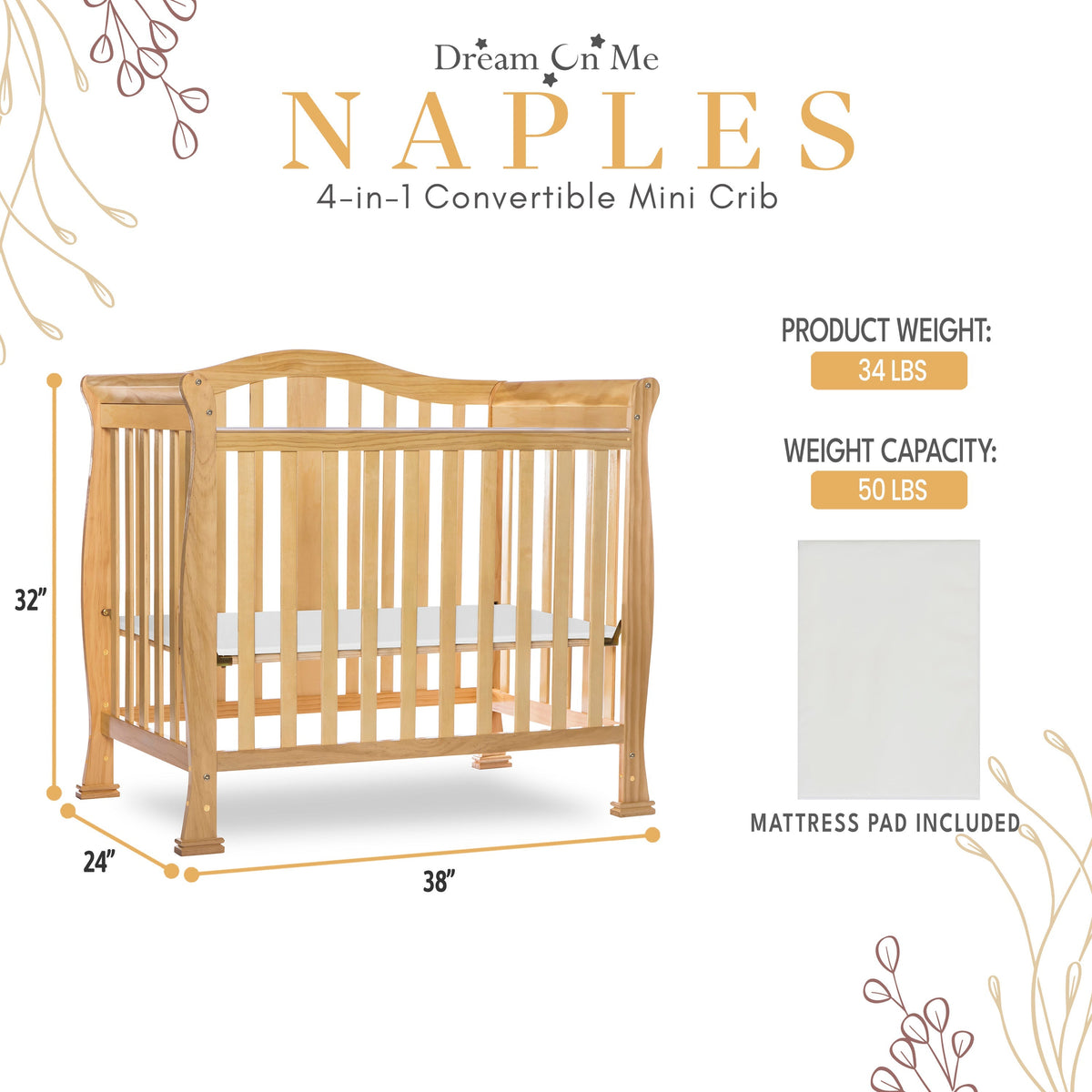 Dream On Me Naples 4-in-1 Convertible Mini Crib