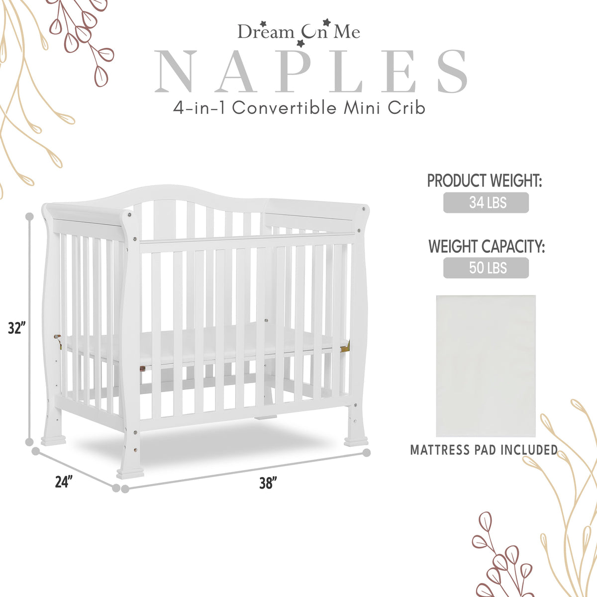 Dream On Me Naples 4-in-1 Convertible Mini Crib