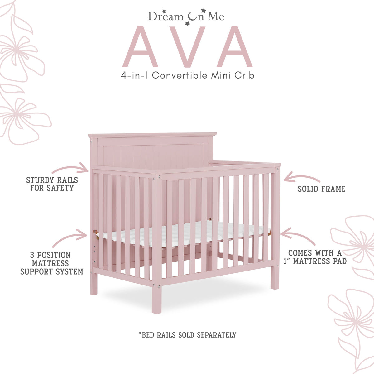 Dream On Me Ava 4-in-1 Convertible Mini Crib