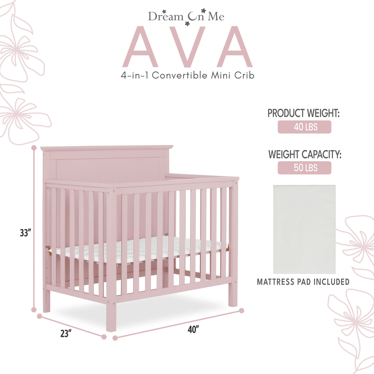 Dream On Me Ava 4-in-1 Convertible Mini Crib