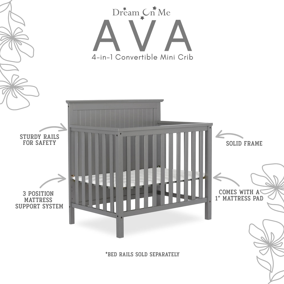 Dream On Me Ava 4-in-1 Convertible Mini Crib