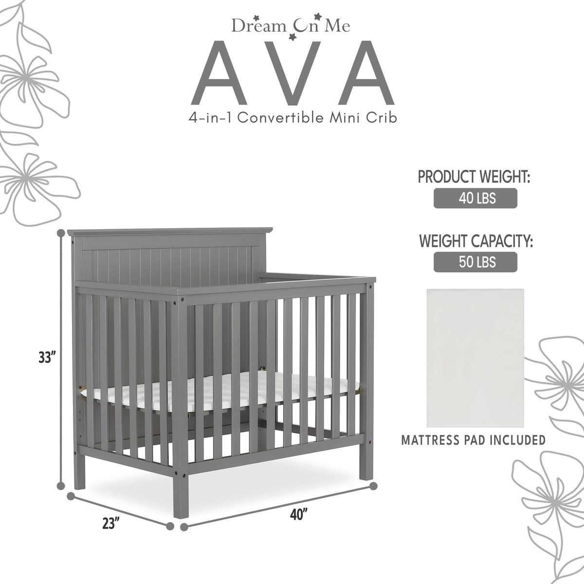 Dream On Me Ava 4-in-1 Convertible Mini Crib