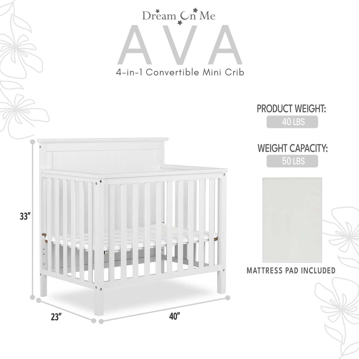 Dream On Me Ava 4-in-1 Convertible Mini Crib