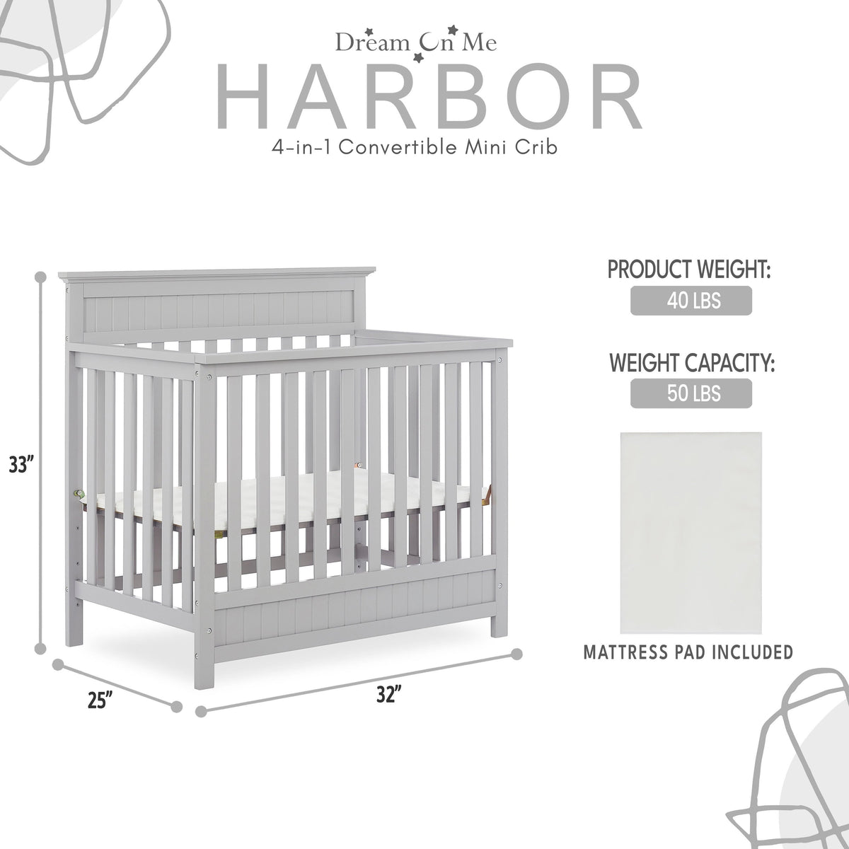 Dream On Me Harbor 4-in-1 Convertible Mini Crib