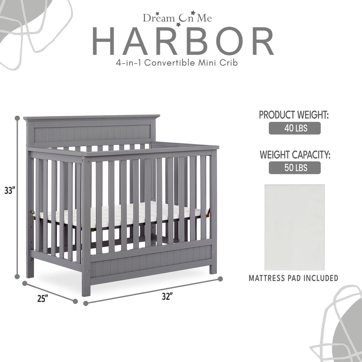 Dream On Me Harbor 4-in-1 Convertible Mini Crib