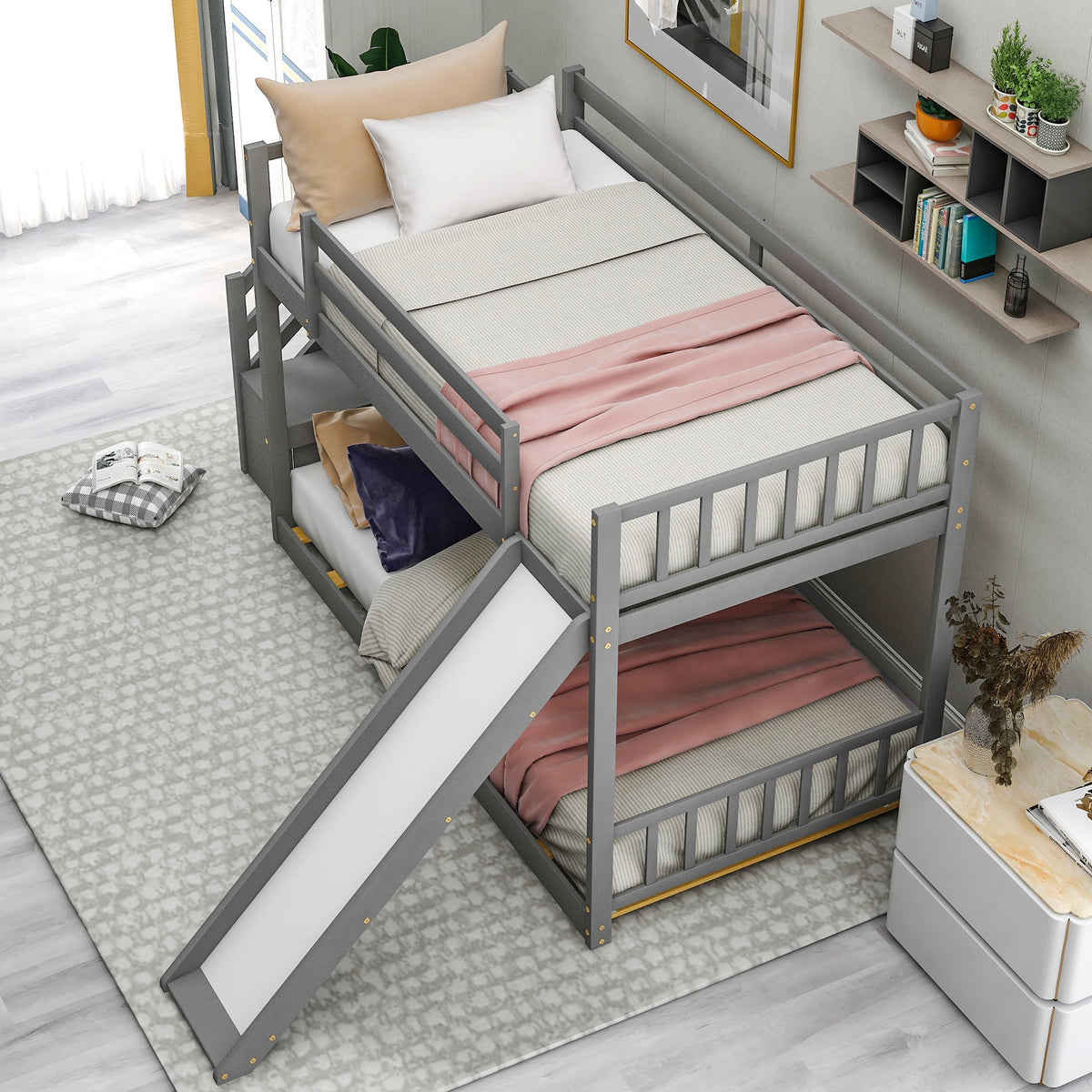 Twin-Over-Twin Bunk Bed with Convertible Slide and Stairway, Gray