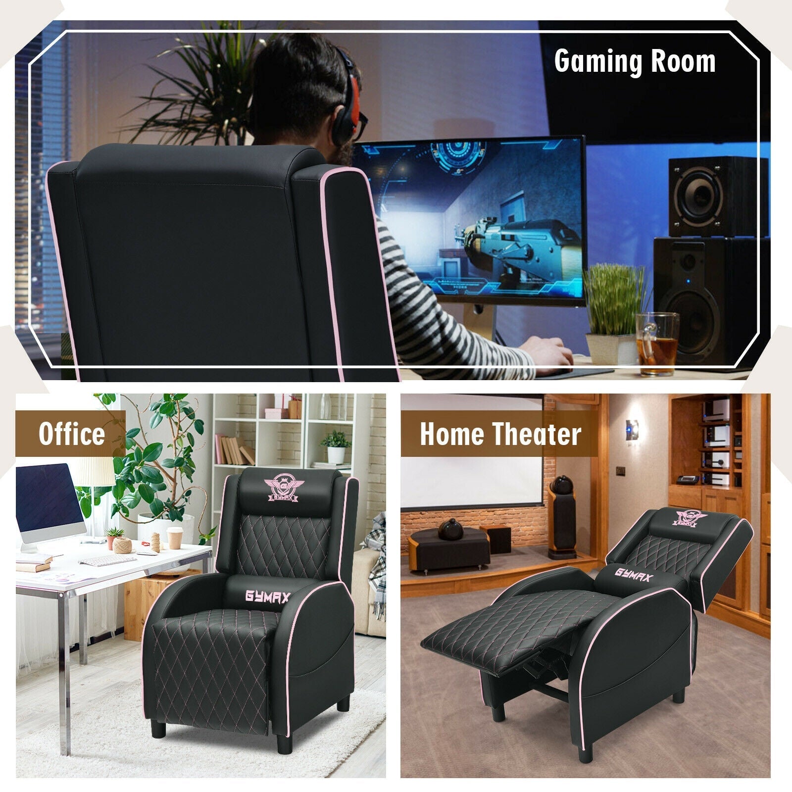 Pink Massage Gaming Recliner Chair with Headrest and Adjustable Backrest