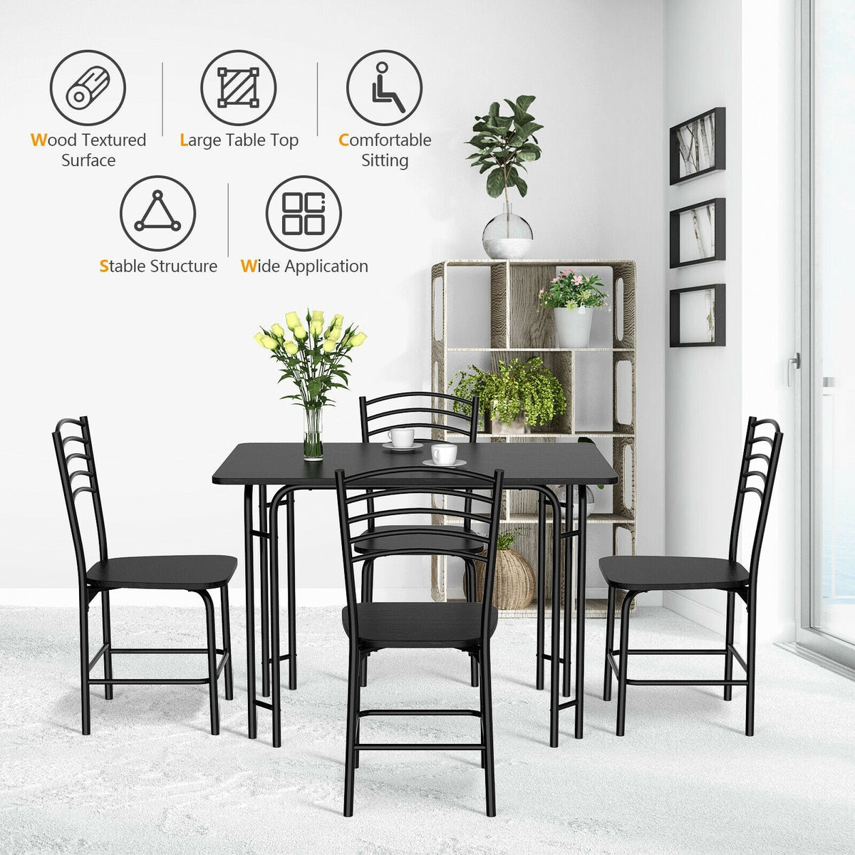 5 Piece Wooden Rectangular Dining Table Set