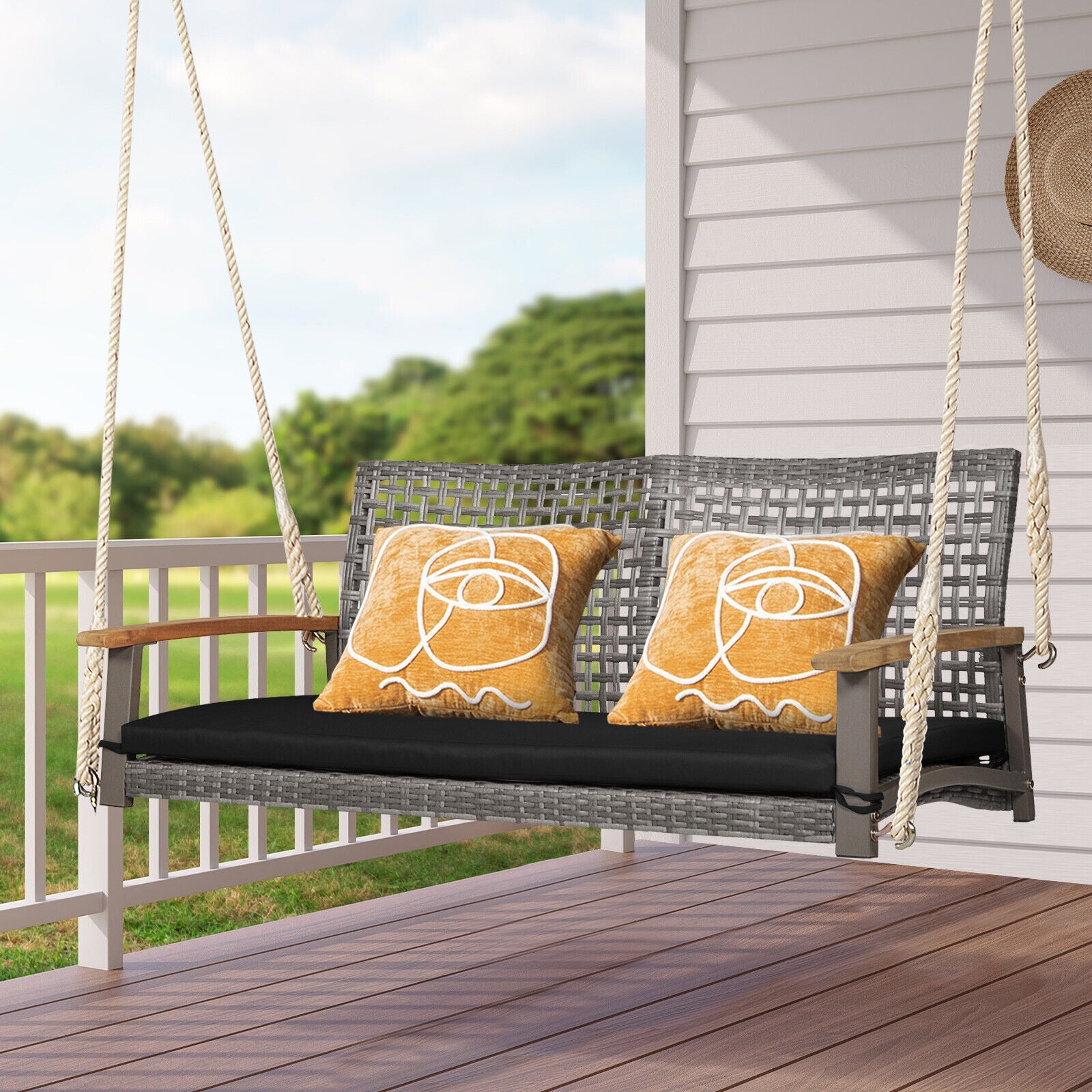 2-Person Patio Wicker Hanging Swing Chair - Black