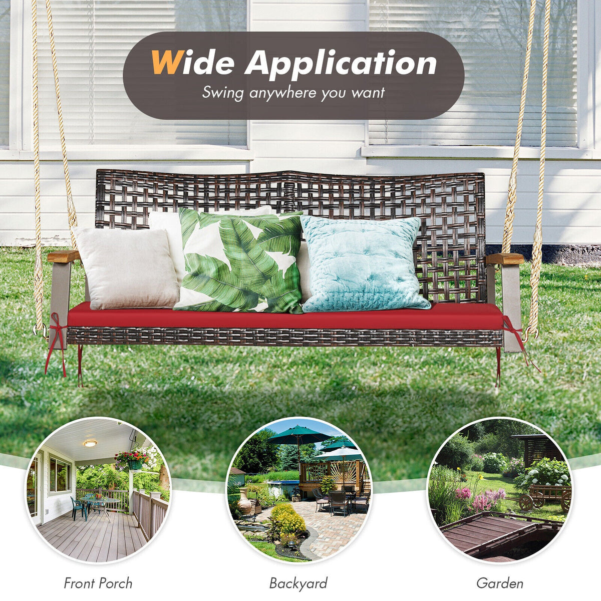2-Person Rattan Hanging Porch Swing Chair - Red
